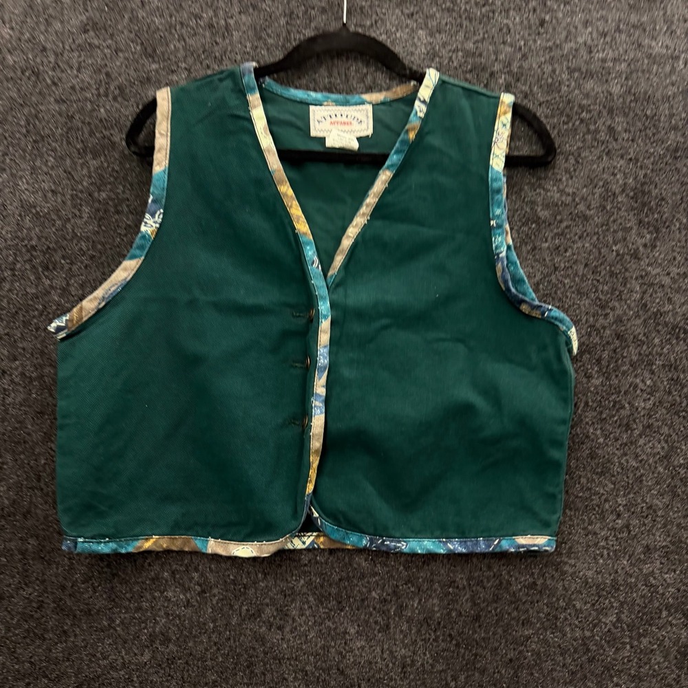 Vintage 90s Attitude Apparel Green Cotton Vest Southwestern Trim Womens Large